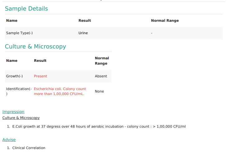 Urine Culture Report Format - Positive for Growth